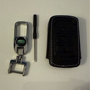Land Rover Metal Keyfob Keychain and Key Fob Cover in Black Leather NWT